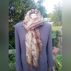 Pashima woven dressy shawl/scarf, in hues of brown, tan and maroons.  72"X27"